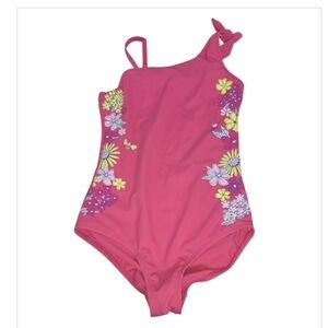 Lands' End Girls Hot Pink Floral Stripe One Piece Swimsuit Size 10